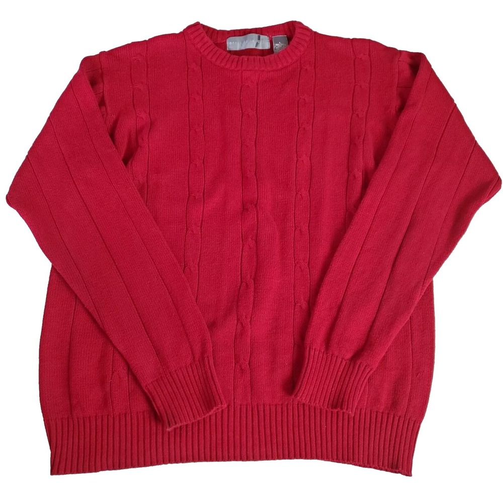Oscar De la Renta Cableknit Sweater Mens Large Red Crewneck Cotton‎ Classic
